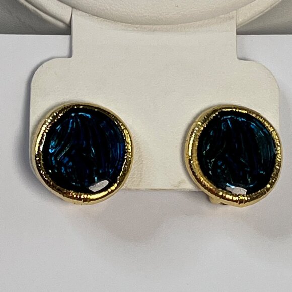 Vintage Gold-Tone Clip-On Earrings With Blue Swirl Design - Picture 2 of 4